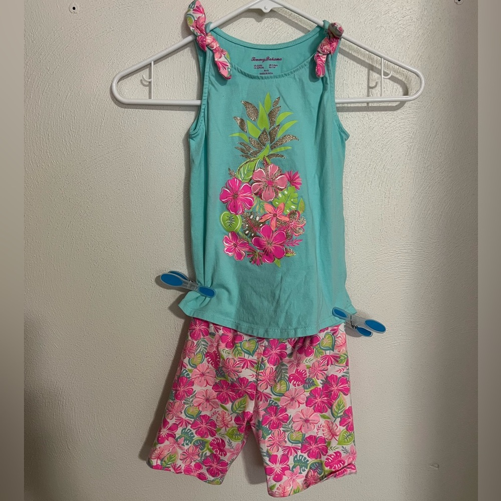 TOMMY BAHAMA Tropical Floral 2 Piece Set w/ Glitter and Bows Kid's Girl's Size 5